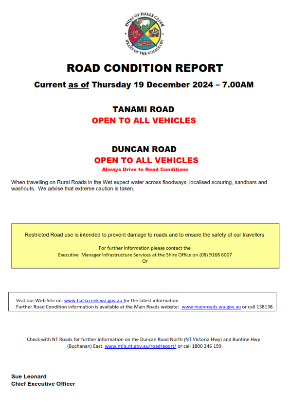 TANAMI ROAD OPEN AND DUNCAN ROAD OPEN